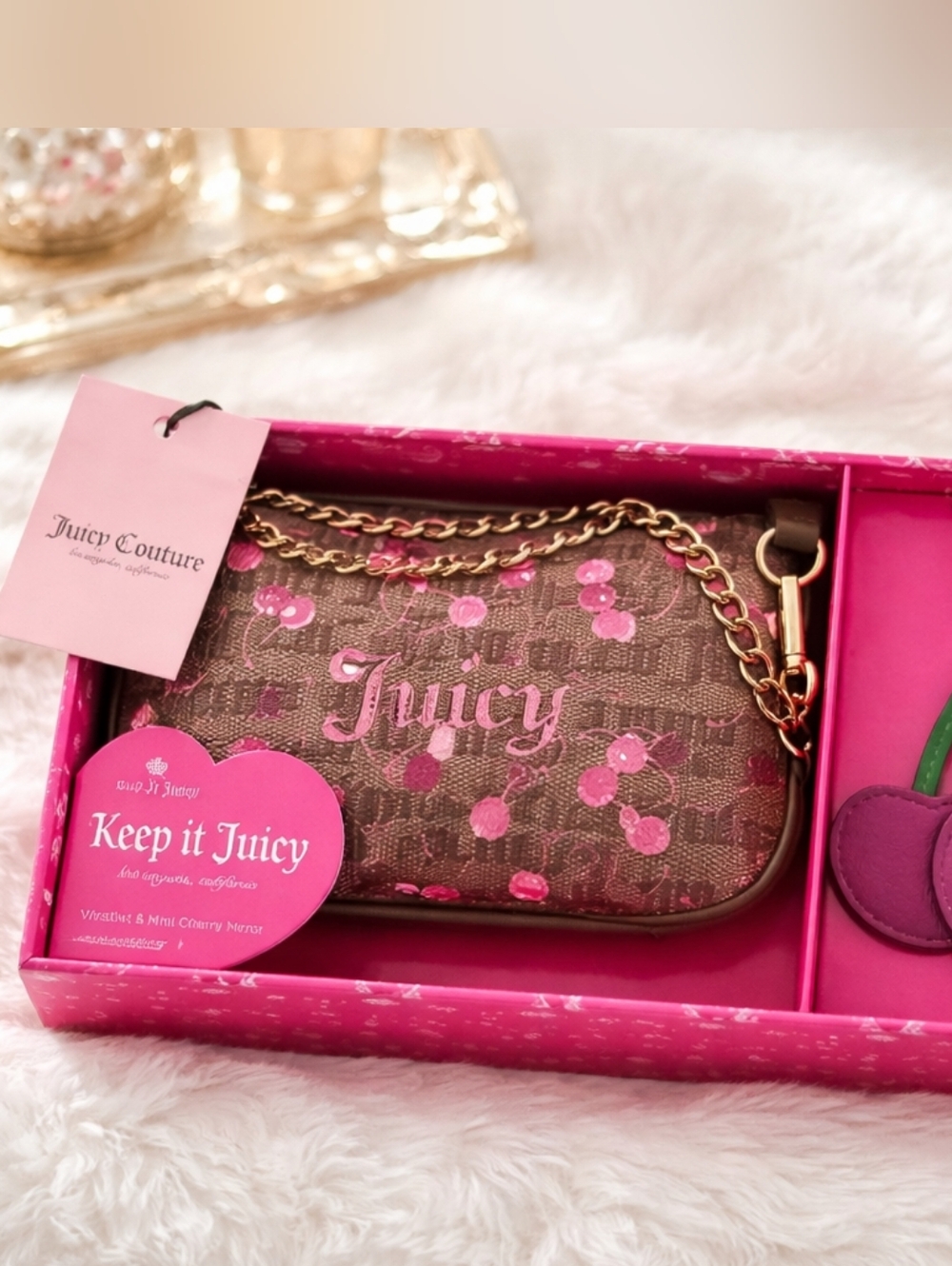 Juicy Couture Brown and Pink Cherry Print Mini Wristlet